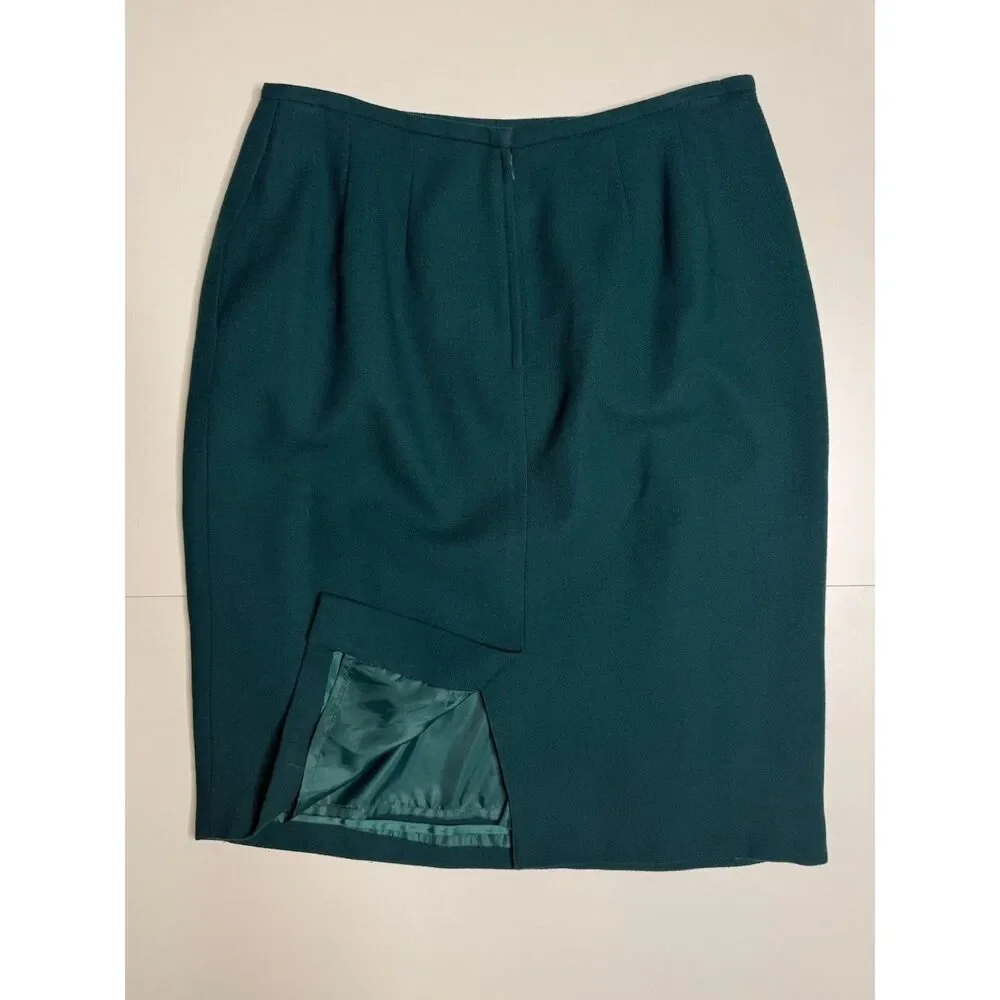 Vintage 100% Worsted Wool Pencil Skirt Teal Green High Waist Midi Size 14